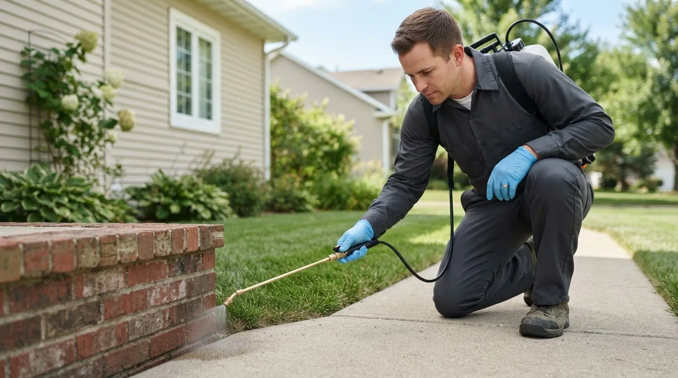 Pest control technician treating a home near Topsham, VT