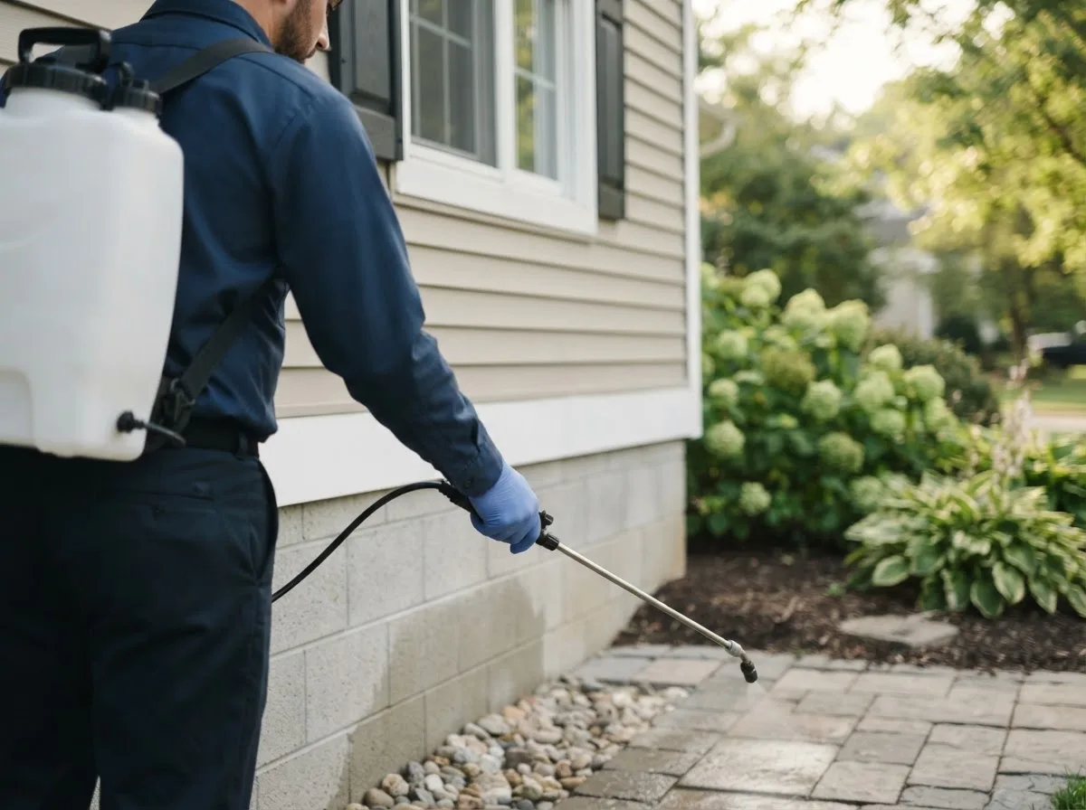 Pest control technician inspecting a home in Topsham, VT